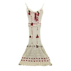 NWT Oni Cream Knit Midi Dress 3D Crochet Cherry Lace Ruffle Cottagecore Coquette
